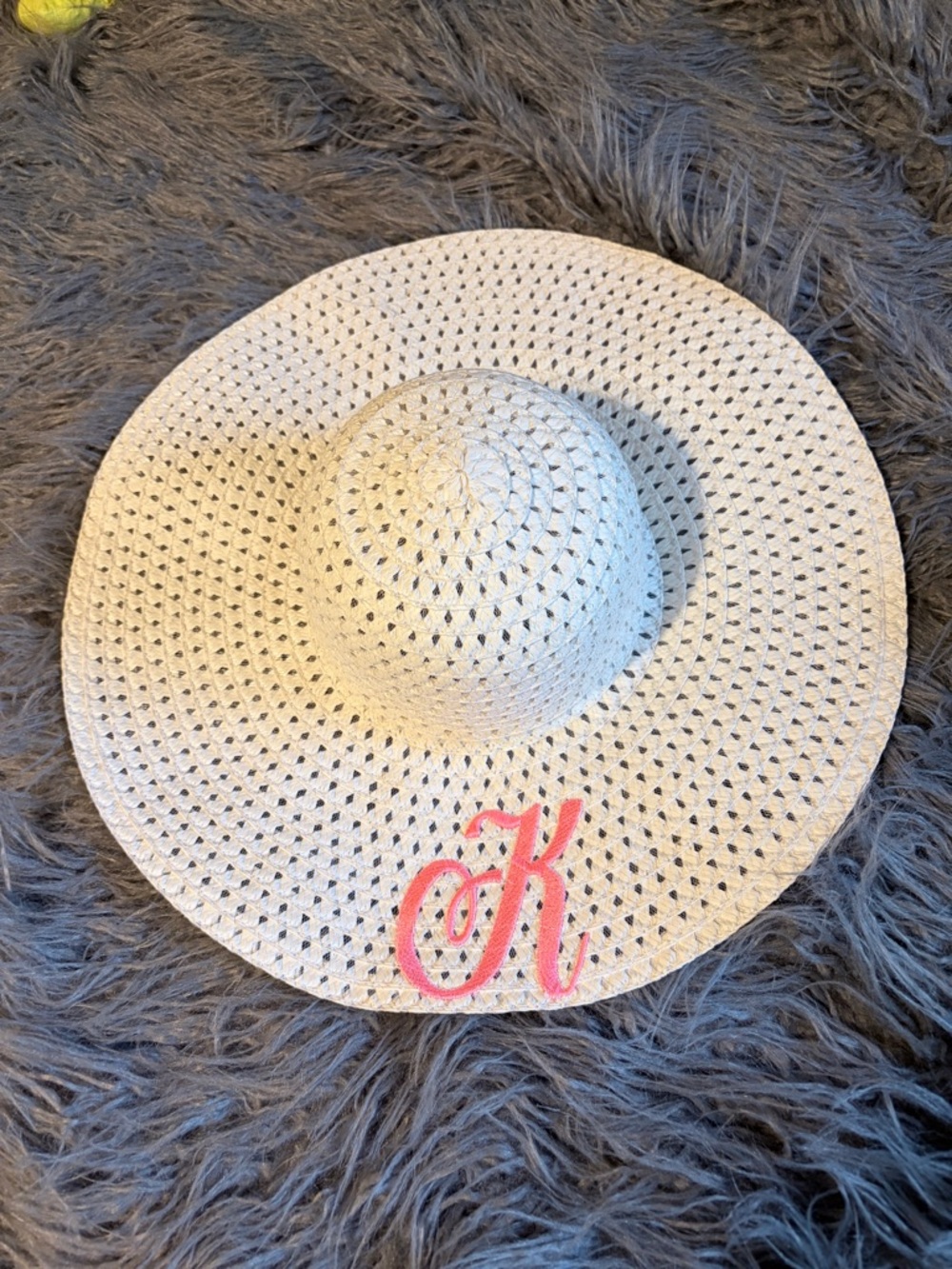 Personalized white Straw Sun Hat with Pink K Monogram -